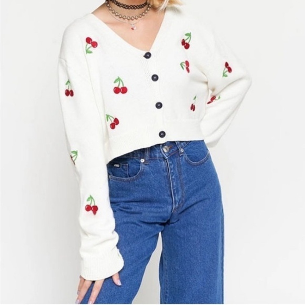 Cherry Embroidered White Cardigan Sweater